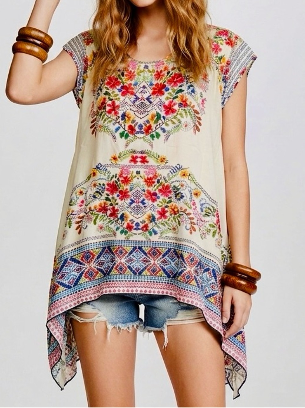 JOHNNY WAS Semi-Sheer Cream Colorful Floral Handkerchief Hem Tunic Top